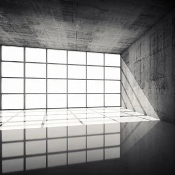 3d concrete interior with bright windows in modern frames Illustrazione stock