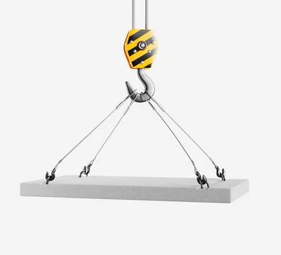 3d concrete slab hanging on hook with steel cables. Industrial machinery for Illustrazione stock