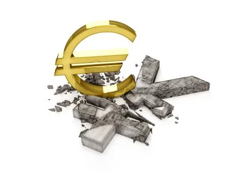 3D concrete Yen symbol destroyed by gold Euro sign Stock Illustration