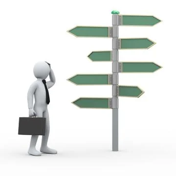 3d confuse man in front of roadsign Stock Illustration