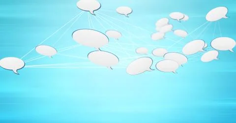 3D connected chat bubbles icons with blue background イラスト素材