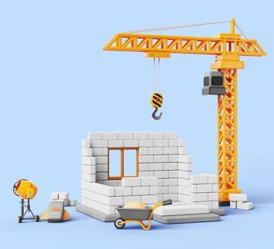 3d construction site with unfinished block house and tower crane. Building work Illustrazione stock