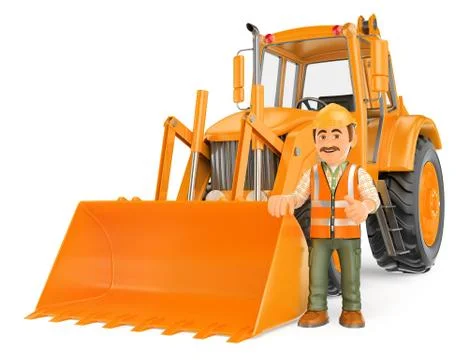 3D Construction worker with a backhoe Stock Illustration
