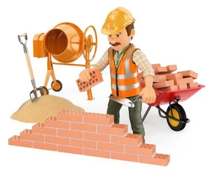 3D Construction worker building a brick wall Stock Illustration