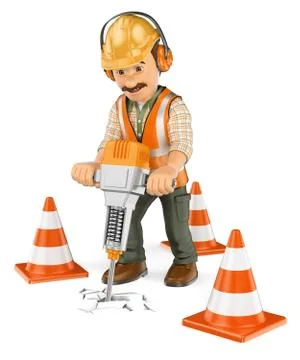 3D Construction worker with a handheld hydraulic breaker Stock Illustration