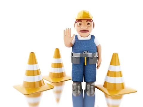 3d Construction worker with helmet and cones Stock Illustration