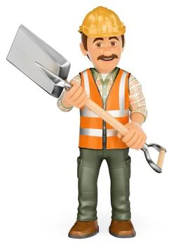 3D Construction worker with a shovel Stock Illustration