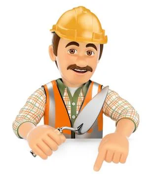 3D Construction worker with a trowel pointing down. Blank space Stock Illustration