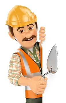 3D Construction worker with trowel pointing aside. Blank space Stock Illustration