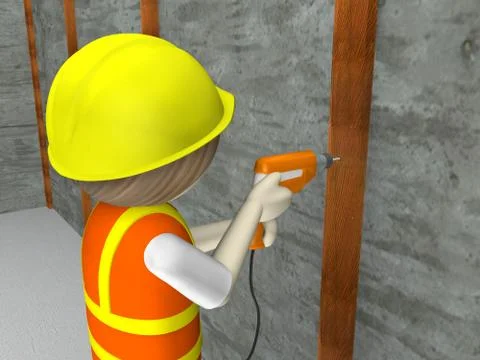 3d construction worker using a drill screw down into a piece of wood. Stock Illustration