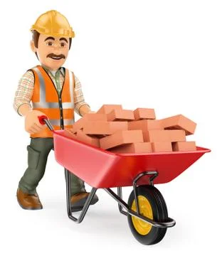 3D Construction worker with a wheelbarrow full of bricks Stock Illustration