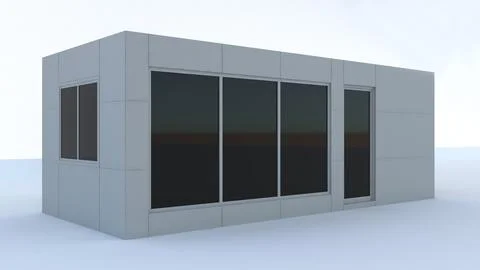 3d Container building design. Portable white office cabin container isolated. Fotos de archivo