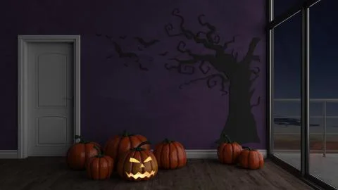 3D Contemporary Empty Room with Jack-o-lantern Stock Illustration