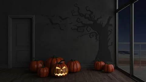 3D Contemporary Empty Room with Jack-o-lantern Stock Illustration