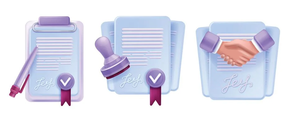 3D contract icon set, vector digital document, cartoon signature Stockillustratie