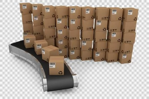 3D conveyor belt by stack of brown cardboard boxes Stock Photos