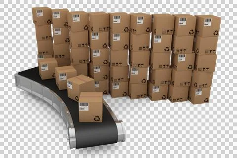 3D conveyor belt by stack of cardboard boxes Stock Photos