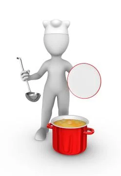 3d cook with big red pan with soup isolated on white background. Stock Illustration