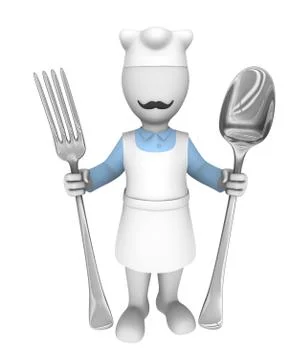 3d cooking chef. Big fork and spoon. Stock Illustration