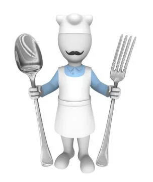 3d cooking chef with fork and spoon isolated on white background. Stock Illustration
