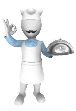 3d cooking chef with tray shows Ok gesture. Stock Illustration