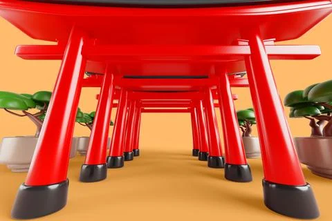 3d corridor of bright red torii gates in Japanese garden render. Architecture Illustrazione stock