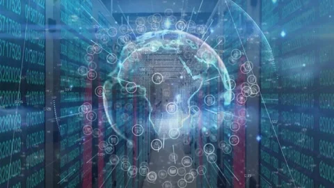3D corridor showing glowing server racks streaming code under spinning globe Stock Footage 327063756