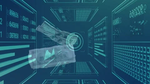 3D corridor updating on data pulse, HUD changing numbers, hands flipping bills, Stock Footage 328684976