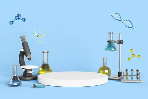 3d cosmetic laboratory podium with microscope, glass flasks, dna molecule and Illustrazione stock