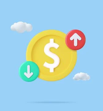 3d Cost of dollar with arrow down and up. Illustrazione stock