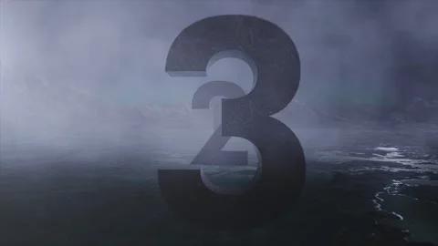 3D Countdown. Number Fly Over Rocky Lake Video stock 255147398