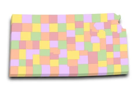 3d counties map of Kansas is a state of United States Stock Illustration