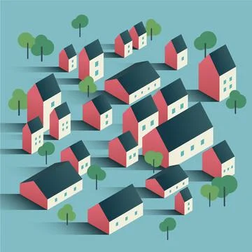 3d countryside. Simple low poly architecture. Isometric vector illustration. Illustrazione stock