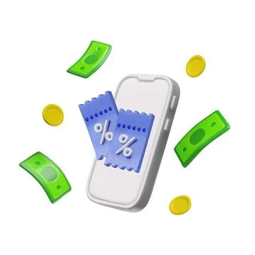 3D of a coupon and voucher with a smartphone on a background of money and coins Stock Illustration
