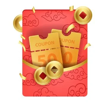 3D coupon pocket, vector Chinese lucky red envelope, sale promotion design Stock Illustration