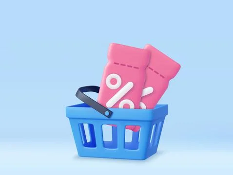 3d coupon with Shopping Basket. Stock-Illustration