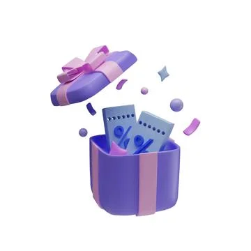 3D coupons in a gift box with a bow and confetti on a white background. Stock Illustration