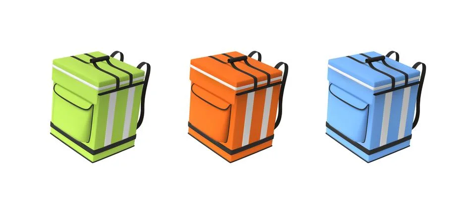3D courier delivery backpack vector set, realistic thermal box container Stock Illustration