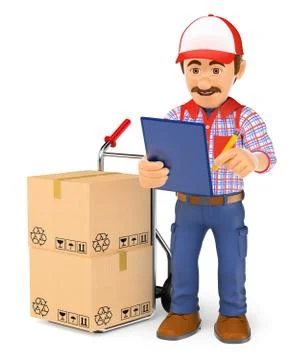 3D Courier delivery man checking the packages to deliver Stock Illustration
