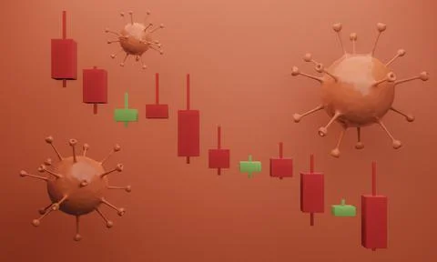 3D Covid-19 virus. Down trend stock candlestick. Illustration