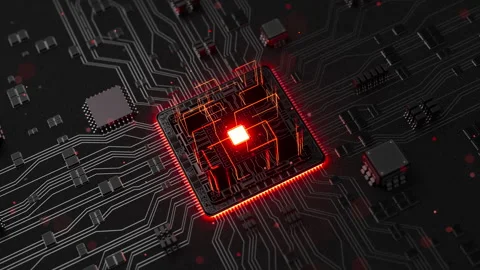 3D CPU chip with holographic red data paths and electronic circuitry. Stock Footage 348018254