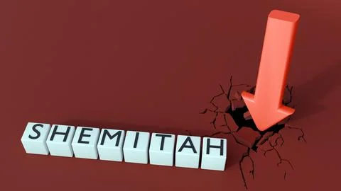 3d crashing red arrow breaking through "SHEMITAH" block Stock Illustration
