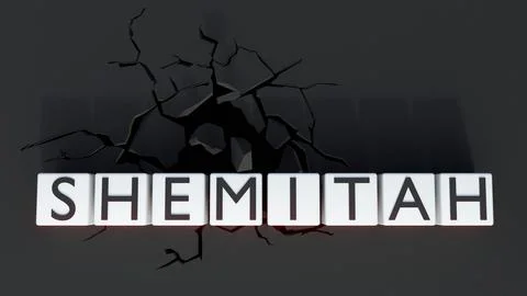 3d crashing red arrow breaking through "SHEMITAH" block Stock Illustration