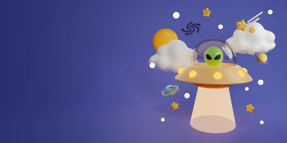 3d Creative cartoon space design with ufo alien with planets and space accessory Illustrazione stock