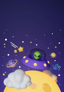3d Creative cartoon space design with ufo alien with planets and space accessory Stock Illustration