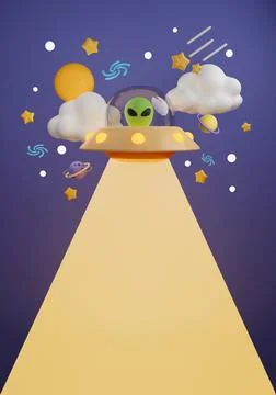 3d Creative cartoon space design with ufo alien with planets and space accessory Stock Illustration
