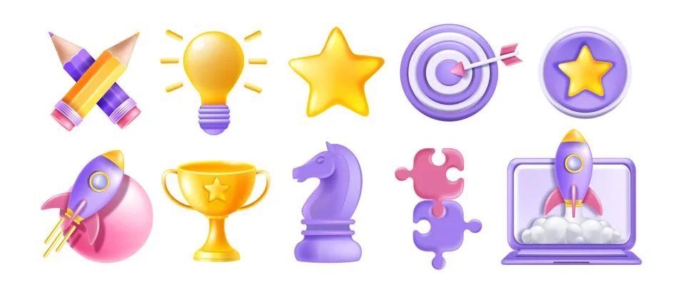 3D creative startup vector icon set, idea bulb, rocket launch, golden trophy Stock Illustration