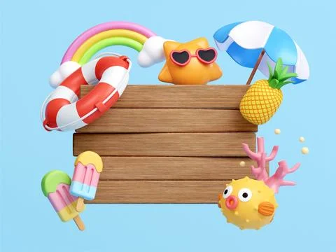 3d Creative Summer Commercial Border with beach accessories. summer vacation and Stock Illustration