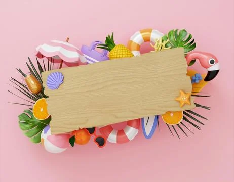 3d Creative Summer Commercial Border with beach accessories on pink background Illustrazione stock