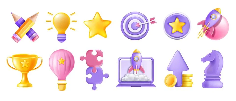 3D creative vector startup icon set, laptop screen, idea bulb, rocket launch Stock Illustration